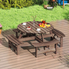 Ensemble Table de Pique-Nique en Bois pour 2 8 Personnes Set Table et Banc Circulaire avec 4 Bancs Intgrs Trou de Parasol de 5cm Marron/Jaune -