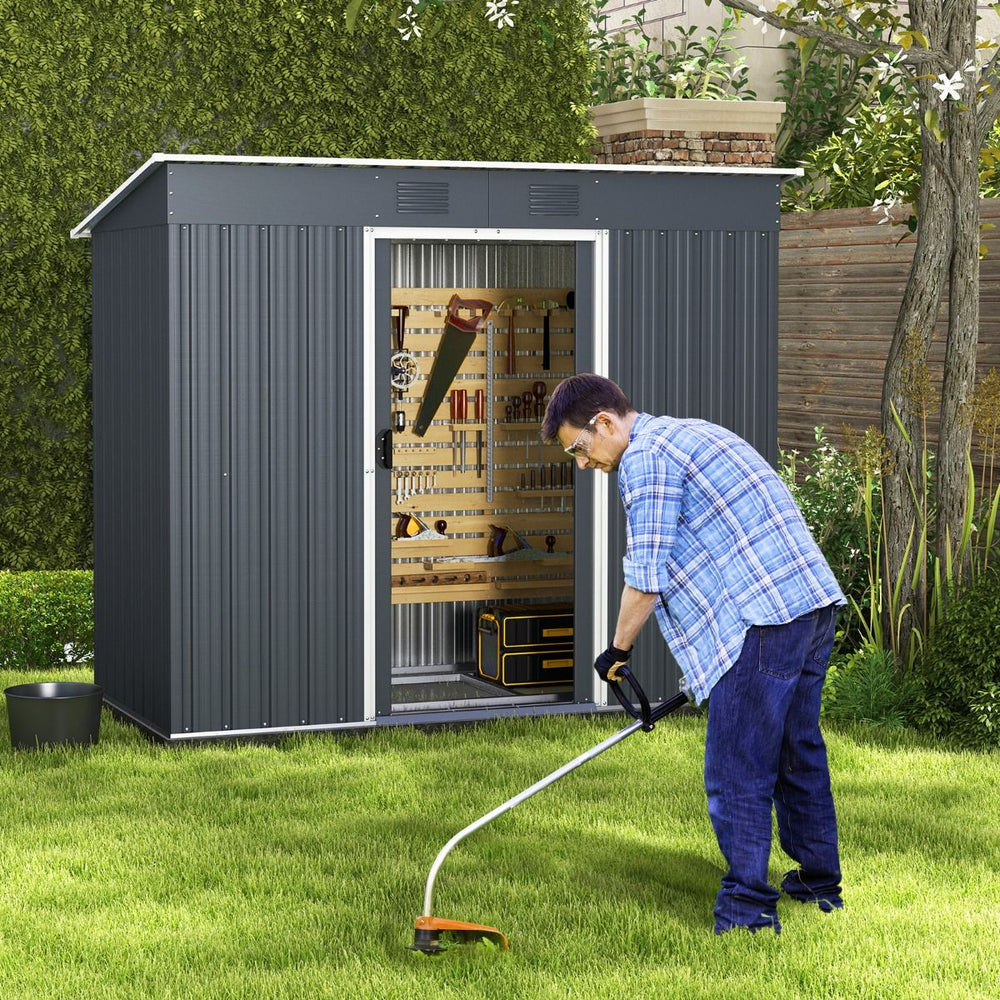 Abri de Jardin Métal 2,4 ㎡ Toit Monopente Cabane de Jardin 2 Portes Coulissantes Verrouillables Fondation 2 Trous d'Aération Gris -