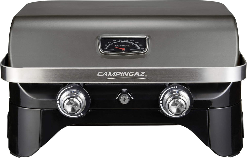 Attitude2go,Barbecue de Table Faible fume,BBQ Portable, Couvercle,thermomtre,et Grille en Fonte,Alimentation : Cartouche de gaz CV 470 Plus,Gris