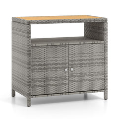Armoire de Rangement Exterieur en Rotin Armoire de Jardin avec Plateau en Bois d'Acacia Compartiment Ouvert Buffet 2 Portes -