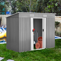 Abri de Jardin l'Extrieur en Acier Galvanis avec 2 Portes,4 Bouches d'Aration pour Stocker Outils 238 x 131 x 181CM Gris+Blanc -