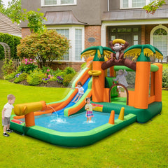 7 en 1 Ch芒teau Gonflable Tropical Thme Singe & Palmier avec Toboggan Aquatique avec Piscine & 50 Boules Charge 90kg pour 2 Enfants de 3-10 Ans -