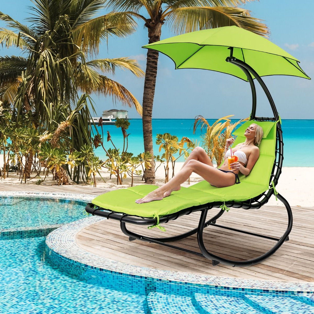 Bain de Soleil Bascule Transat Suspendu avec Pare-Soleil & Coussin Hamac Charge 150KG 184 cm x 147 cm x 187 cm Vert -