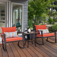 Ensemble de Jardin avec 2 Fauteuils Bascule et 1 Table Basse en Verre Tremp Tous Coussins Inclus en Rotin PE -