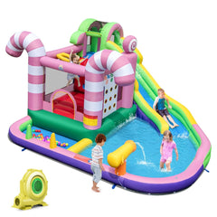 9 en 1 Ch芒teau Gonflable en Forme Bonbons avec Toboggan Maison de Saut Gonflable avec Pistolet Eau Charge 90kg pour 2 Enfants de 3-10 Ans -