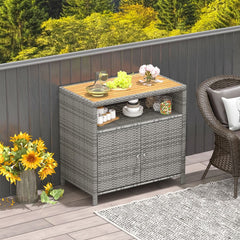 Armoire de Rangement Exterieur en Rotin Armoire de Jardin avec Plateau en Bois d'Acacia Compartiment Ouvert Buffet 2 Portes -