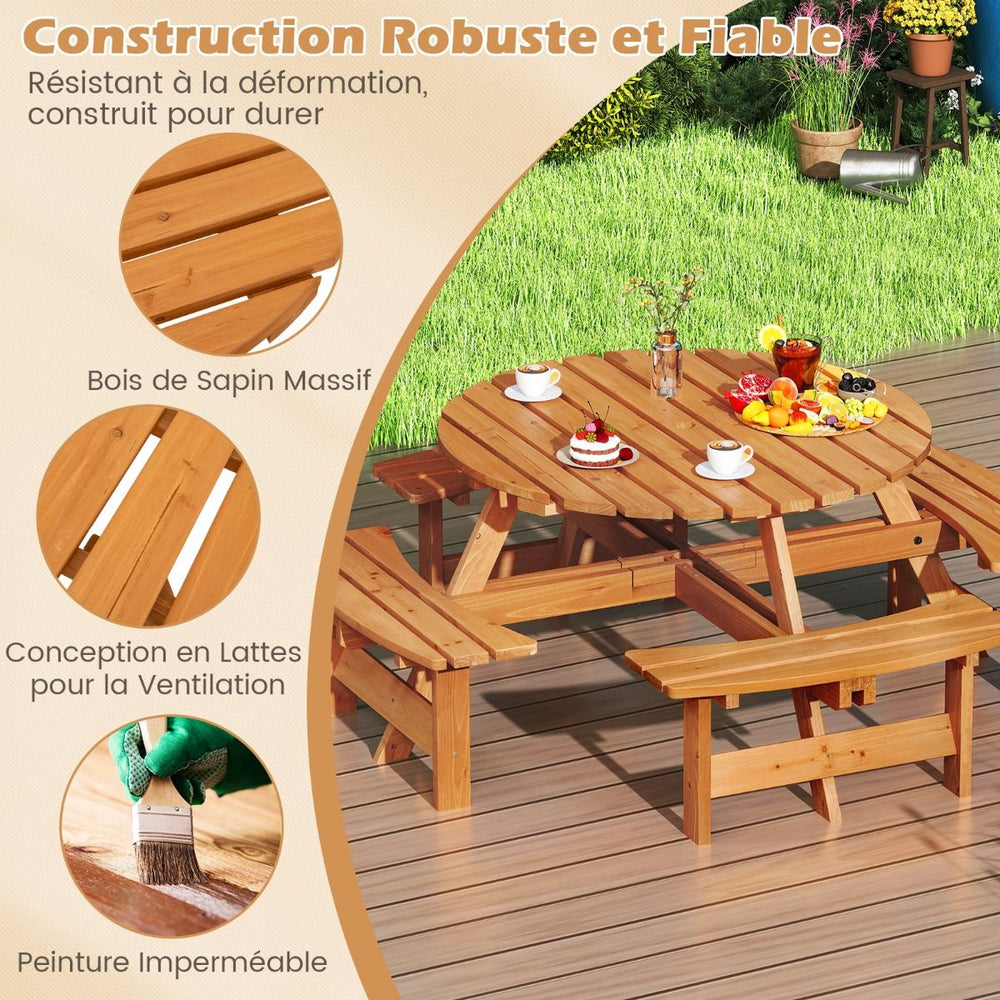 Ensemble Table de Pique-Nique en Bois pour 2 à 8 Personnes Set Table et Banc Circulaire avec 4 Bancs Intégrés Trou de Parasol de 5cm Marron/Jaune -