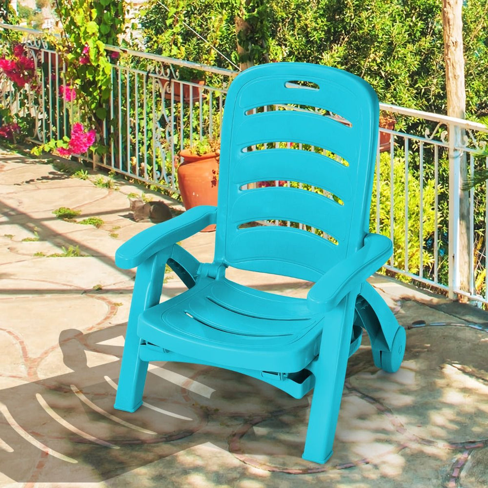 Chaise Longue Pliable Dossier Inclinable à 5 Positions avec Roues Intégrées pour Terrasse Jardin Piscine 150 kg Gris/Blanc/Bleu -