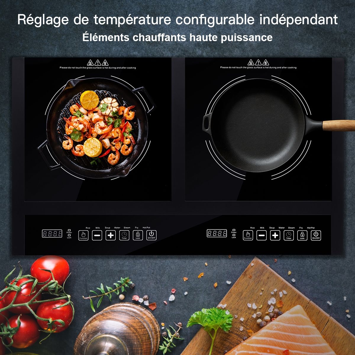 Double Plaque de Cuisson Electrique en Vitrocéramique 1800W+1800W 2 Zones 8 Niveaux de Température/Puissance Variables Noir -