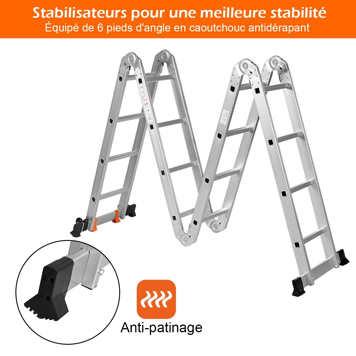 Échelle Polyvalente 5 en 1 avec 2 Montants 4 Plis 15 Echelons Pliable et Multifonction Capacité 150kg en Aluminium -