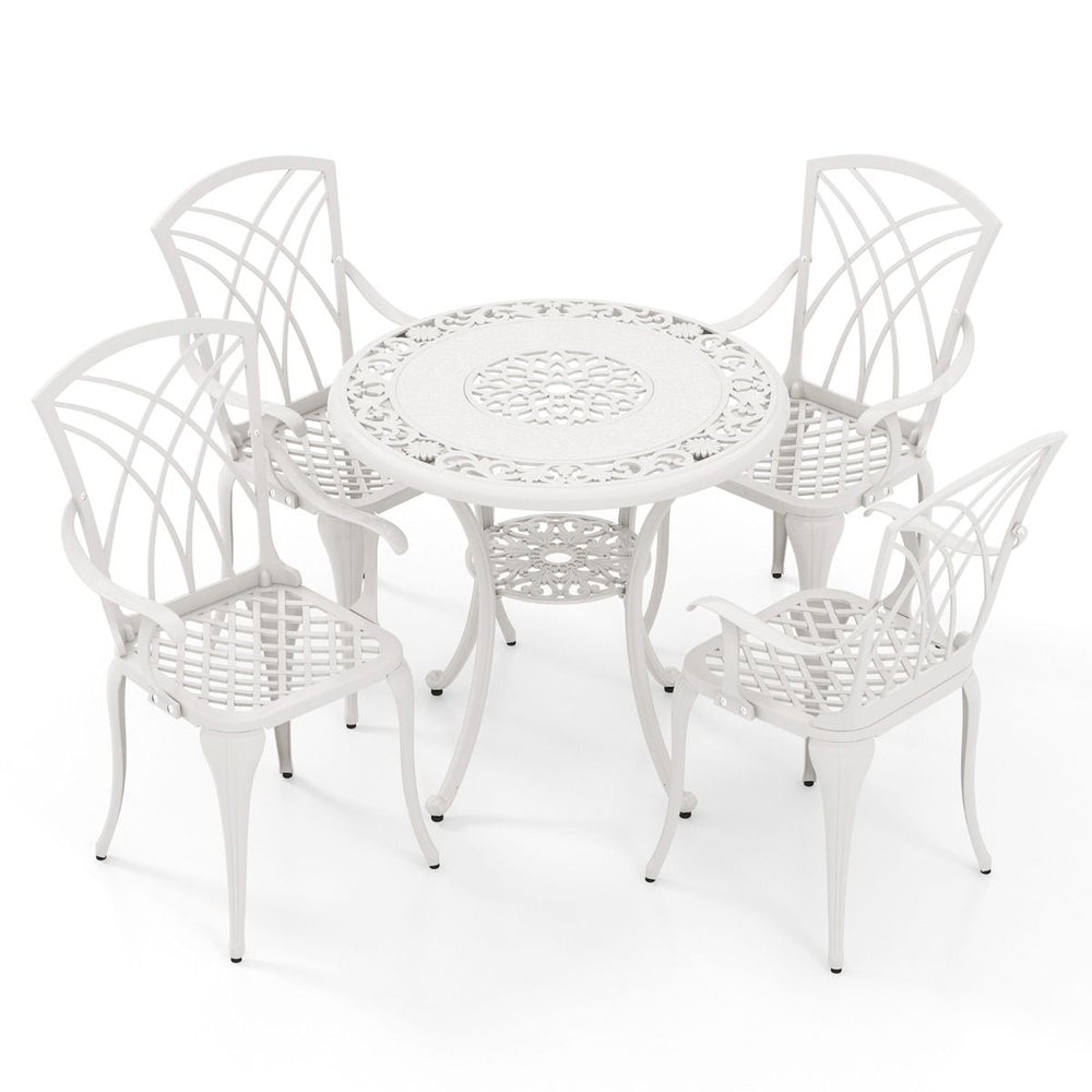 5 Pcs Salon de Jardin en Fonte d'Aluminium Trou pour Parasol Repose-pieds Réglables Ensemble de Table Ronde et 4 Chaises Blanc -