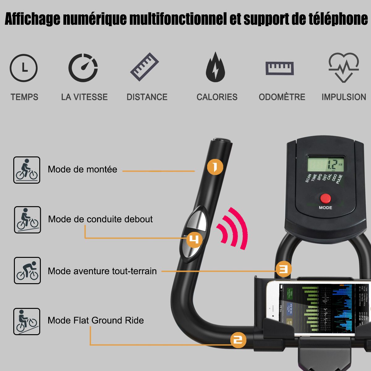 Vélo d’appartement silencieux avec roue et guidon en acier -