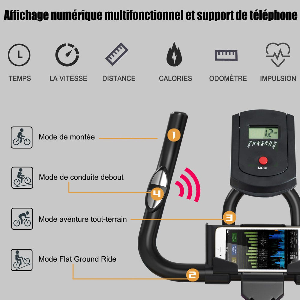Vélo d’appartement silencieux avec roue et guidon en acier -