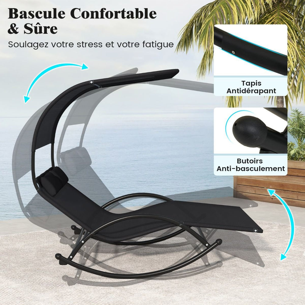 Chaise Longue Double Chaise  Bascule pour 2 Personnes 2 Appui-T锚tes Amovibles Cadre en Mtal Robuste Lit de Repos Ergonomique 2 Places Gris/Noir/Beige -