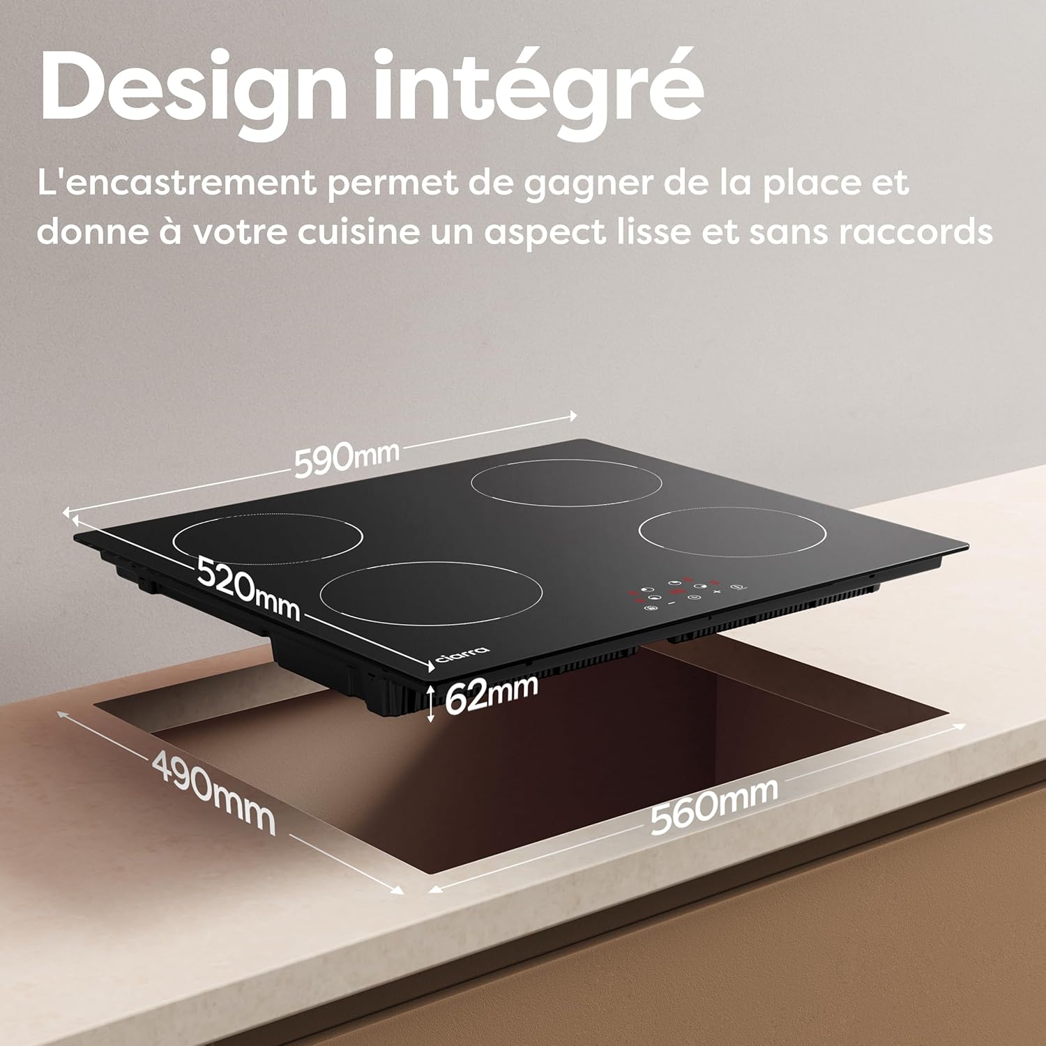CIARRA Plaque à Induction 4 Feux 6000W - Commande Tactile - Plaque de Cuisson Encastrable - 9 Niveaux de Puissance- Minuteur - Verrouillage Enfant - CABBIH4-D