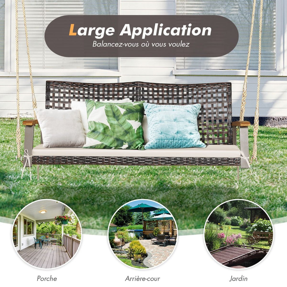Banc Suspendu de Jardin en Rotin 2 Place Accoudoirs en Bois d'Acacia Cadre en Métal Coussin Cordes Crochets Blanc/Noir -