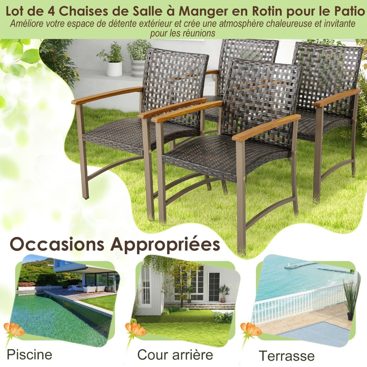 Ensemble de 4 Chaises en Rotin pour l'Extérieur Chaises avec Accoudoirs en Bois d'Acacia Structure Métallique Robuste Chaises Ergonomiques -