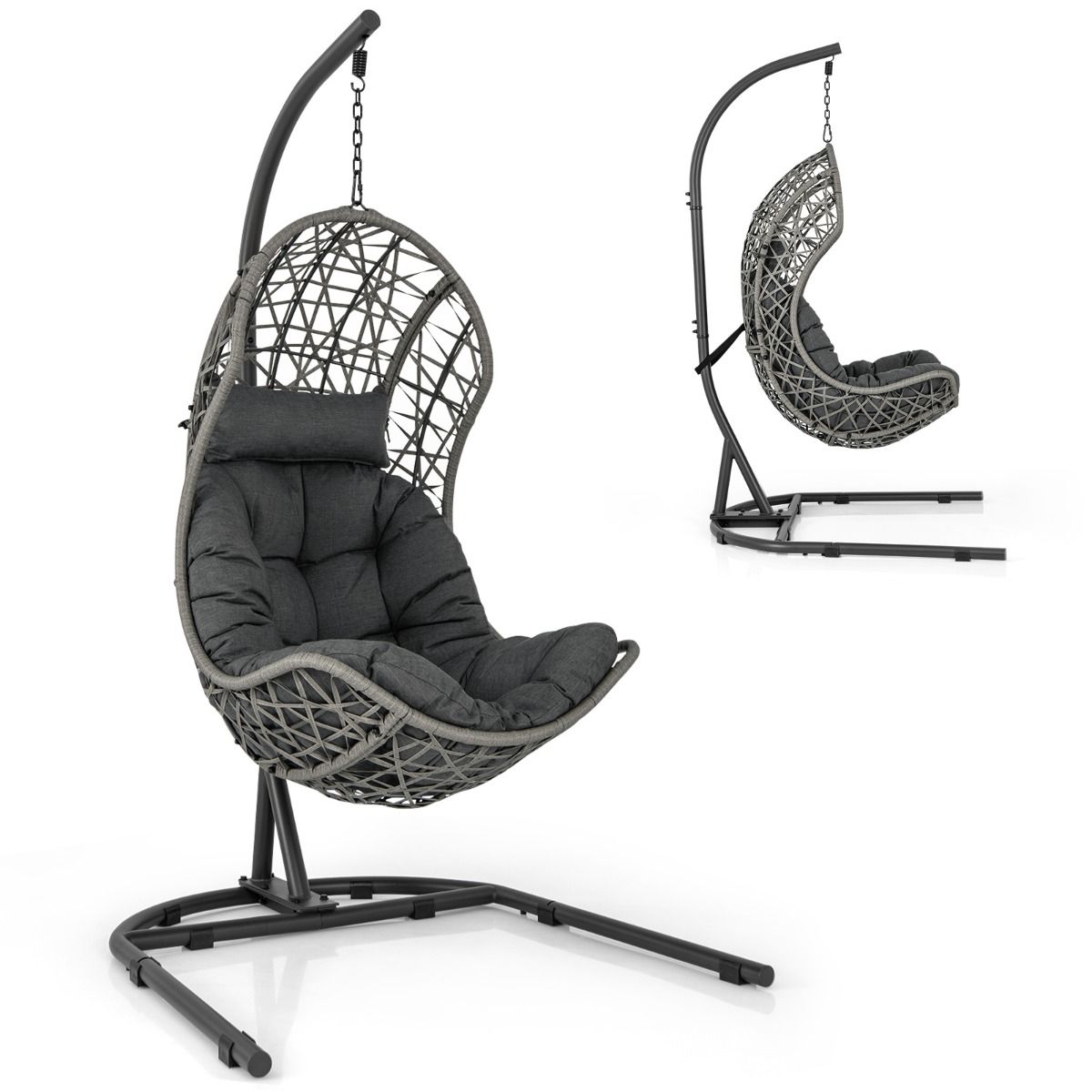 Chaise Oeuf en Rotin PE avec Support avec Oreiller et Coussin Chaise Suspendue avec Accessoires de Suspension Capacit 160 Kg Gris -