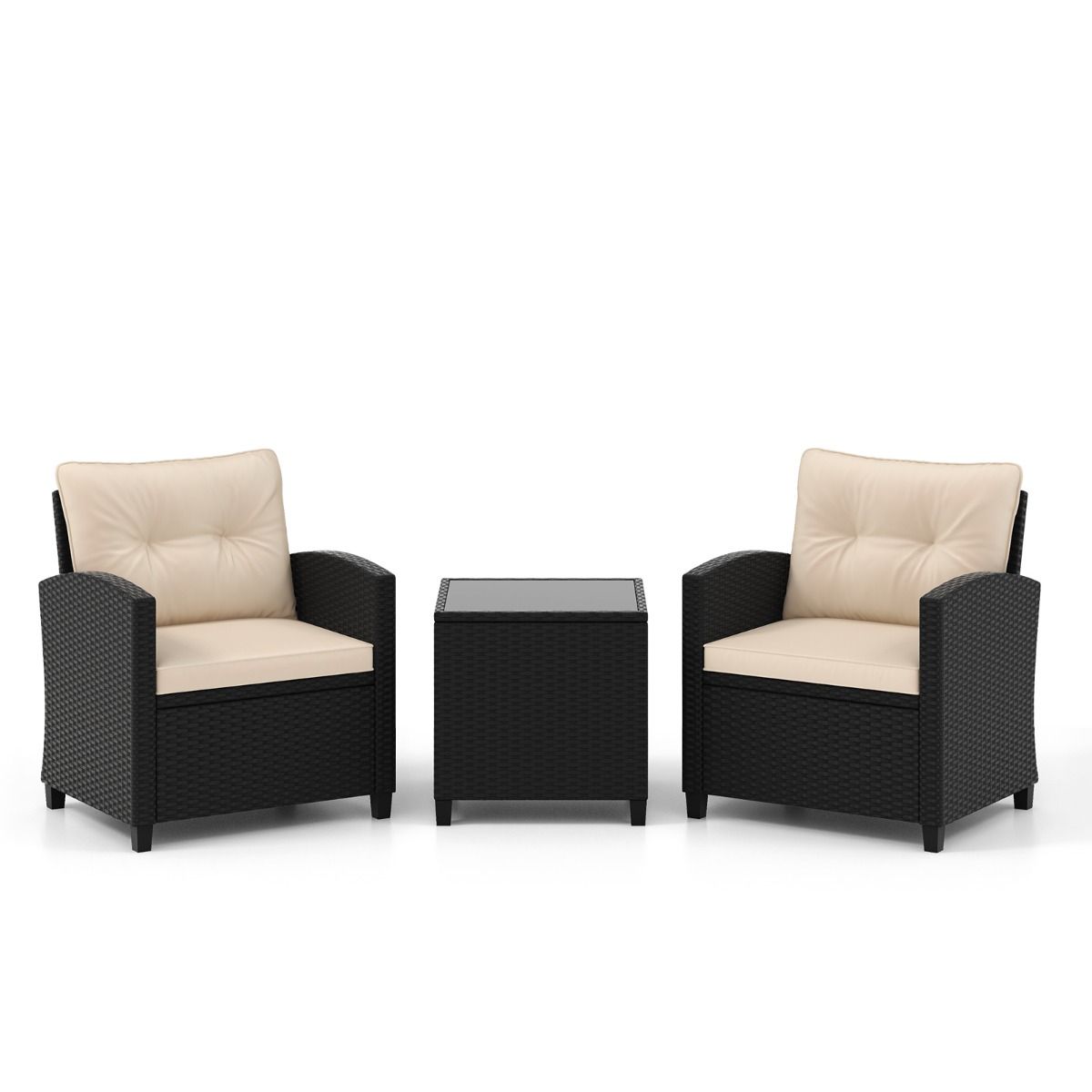 Ensemble de Meubles 3 Pièces de Patio en Rotin Charge 180KG Salon de Jardin 2 Fauteuils Table Basse avec Plateau Noir/Beige/Blanc -