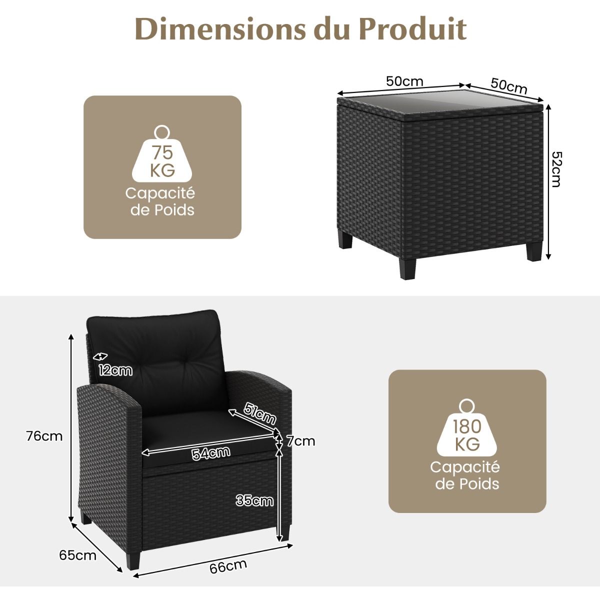 Ensemble de Meubles 3 Pices de Patio en Rotin Charge 180KG Salon de Jardin 2 Fauteuils Table Basse avec Plateau Noir/Beige/Blanc -