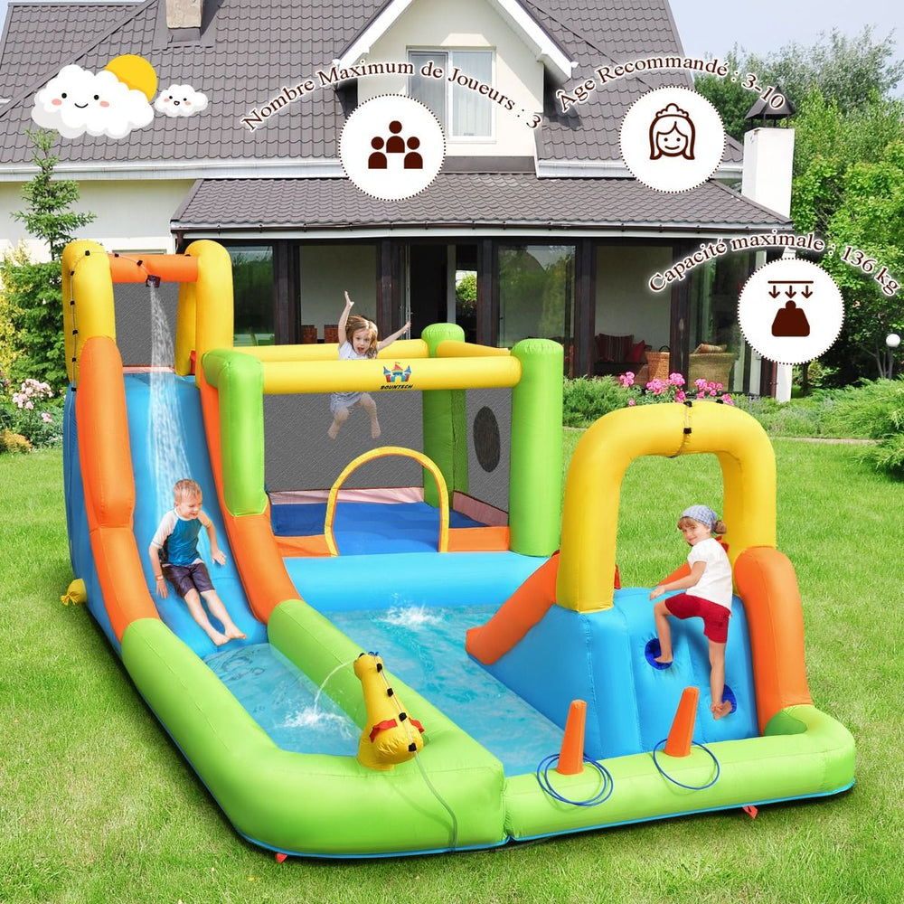 Château Gonflable 8 en 1 avec 2 Toboggans Parc Aquatique avec Maison de Saut Charge 135kg pour 3 Enfants de 3-10 Ans -