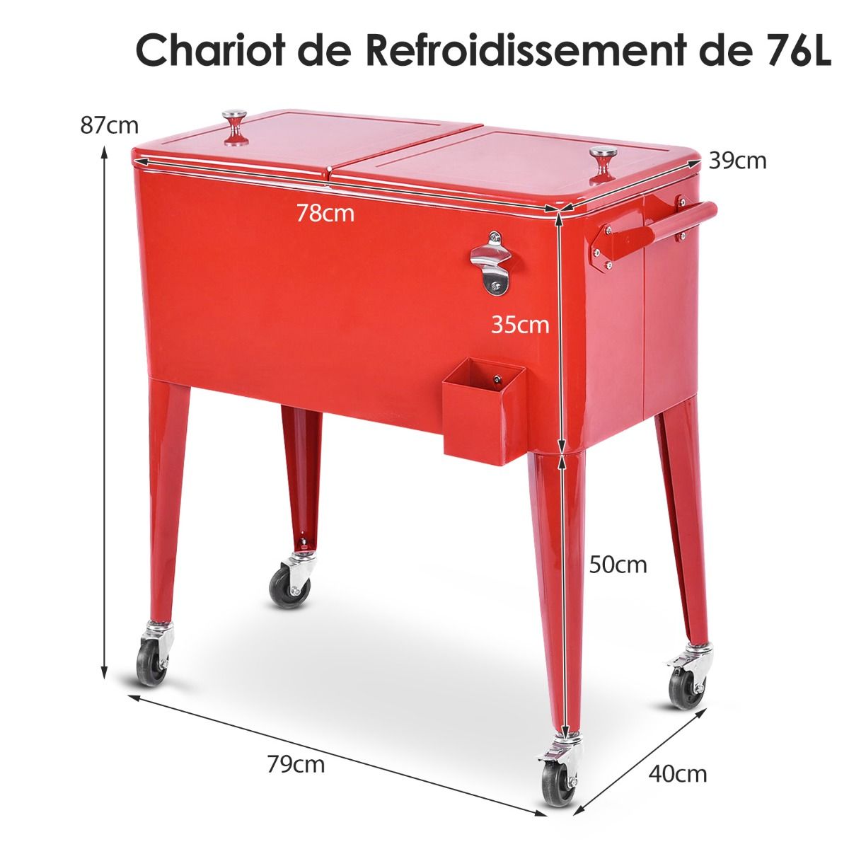 Chariot Isotherme Roulant de 76L Rfrigrant avec Roulettes Universelles Ouvre-bouteille Desserte Jardin pour Conserver Glace et Boissons -