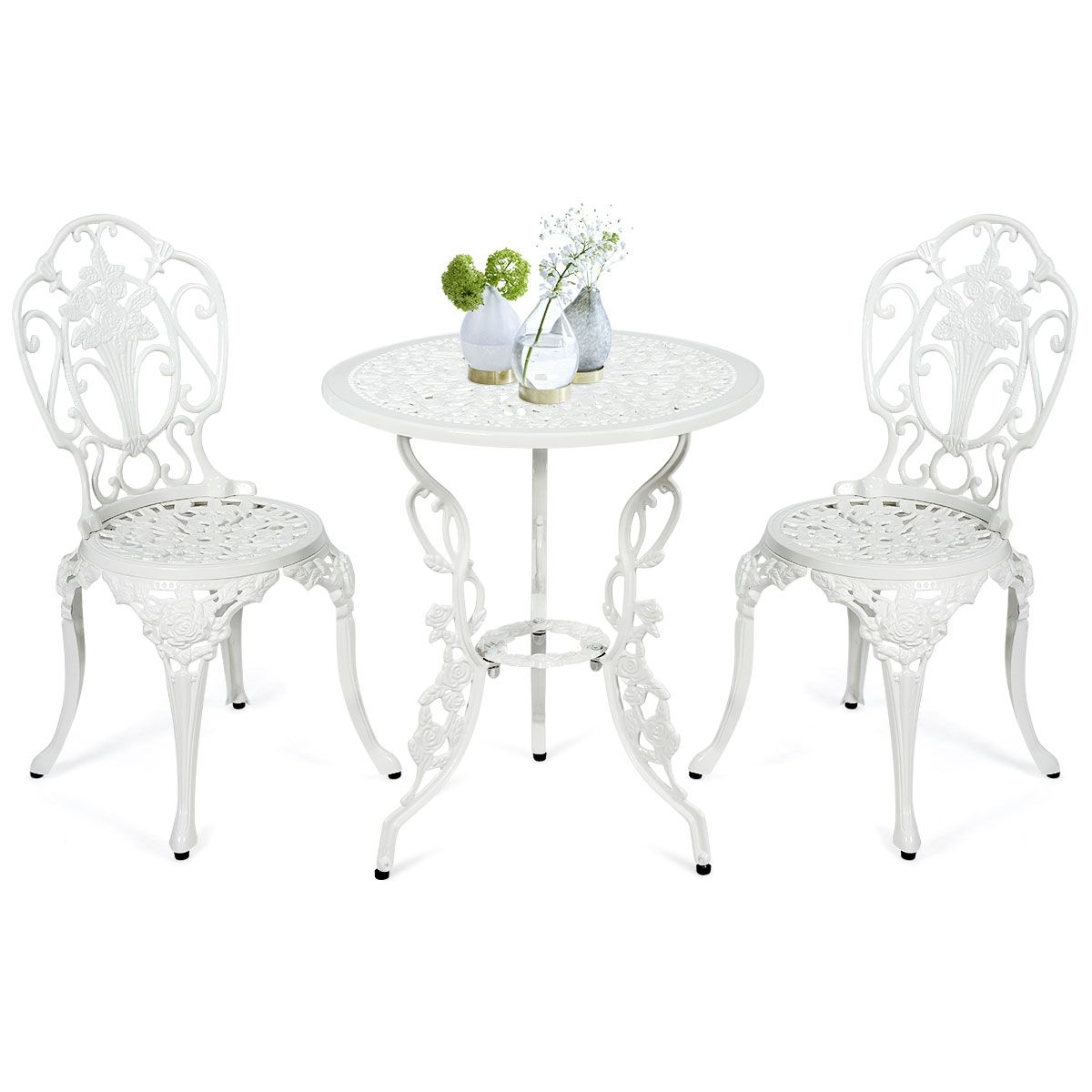 Ensemble Table et 2 Chaises pour Jardin en Aluminium en Forme de Rose Blanc Rsistant aux Intempries -