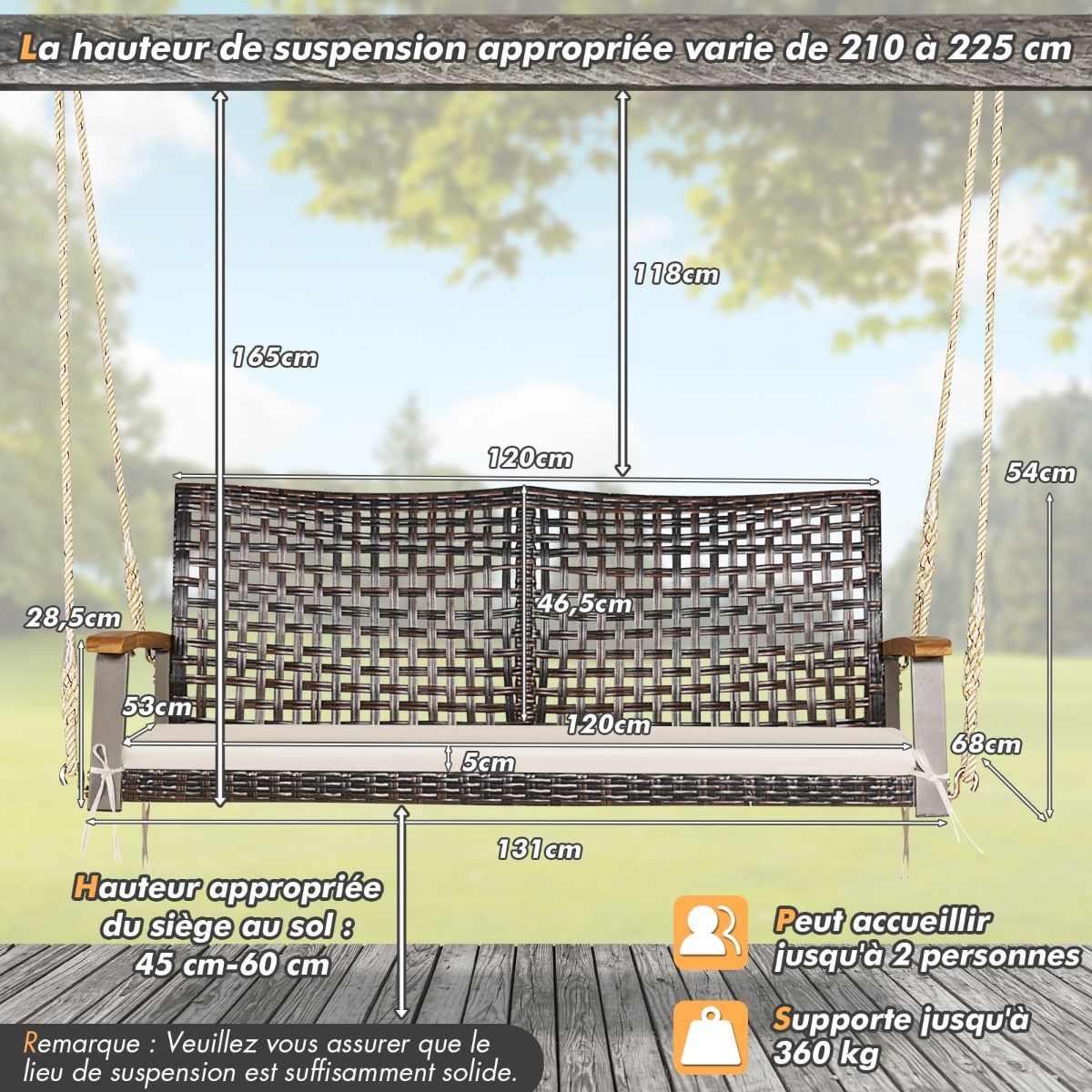 Banc Suspendu de Jardin en Rotin 2 Place Accoudoirs en Bois d'Acacia Cadre en Mtal Coussin Cordes Crochets Blanc/Noir -