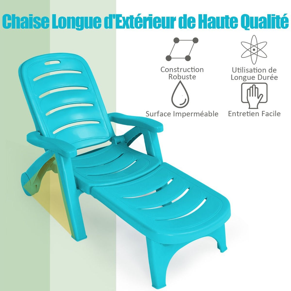 Chaise Longue Pliable Dossier Inclinable à 5 Positions avec Roues Intégrées pour Terrasse Jardin Piscine 150 kg Gris/Blanc/Bleu -