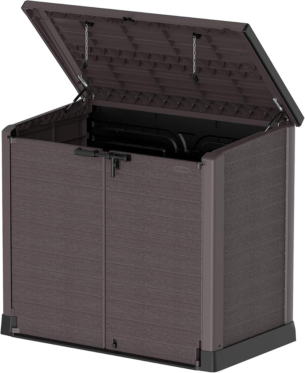 Duramax StoreAway 1200L Plastic Garden Shed/ Flat Lid,Outdoor Storage Shed,Wheelie Bin Hideaways,Wheelie bin box,Durable Construction,Ideal for Bikes,BBQs & 2x 240L Bins,145x85x125 cm,Brown