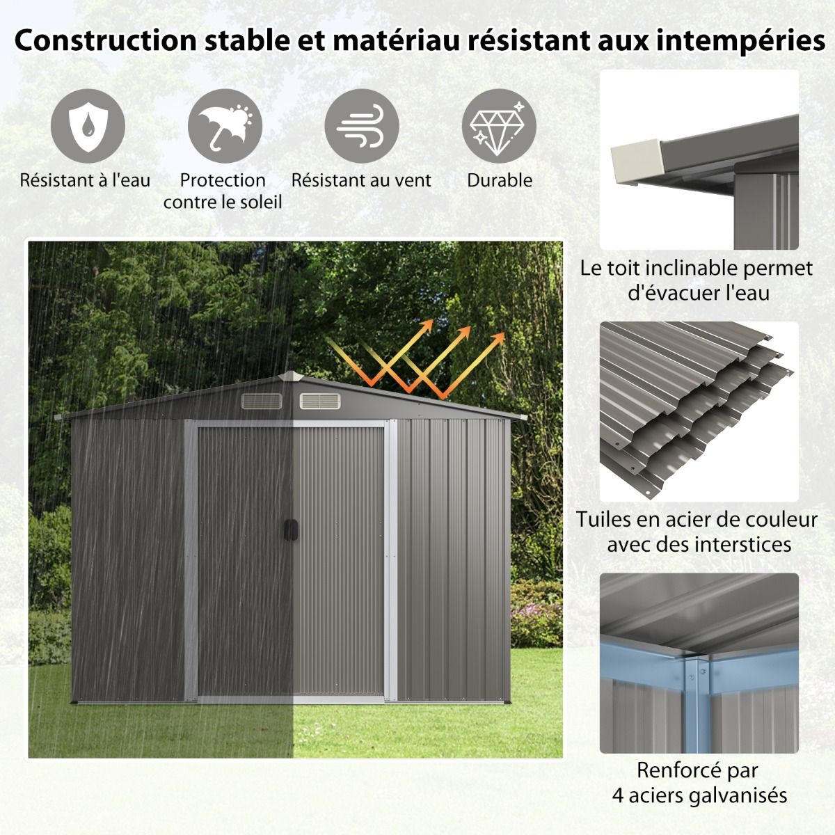 Abri de Jardin Mtal Extrieur 9.74m鲁 Acier Galvanis avec Fondation 4 Persiennes Double Porte et Rampe 260 x 207 x 181 cm Gris Fonc/Gris Clair -