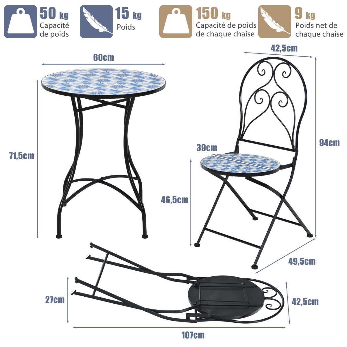 Ensemble Table et 2 Chaises Pliantes de Bistrot 2 Personnes Design Carreaux de Mosaïque Collés sur du Ciment pour Terrasse -