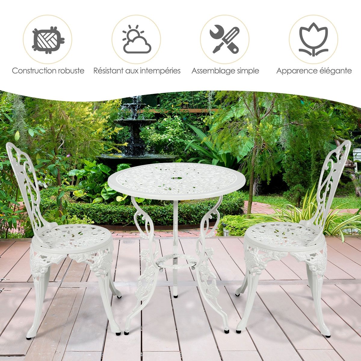Ensemble Table et 2 Chaises pour Jardin en Aluminium en Forme de Rose Blanc Rsistant aux Intempries -