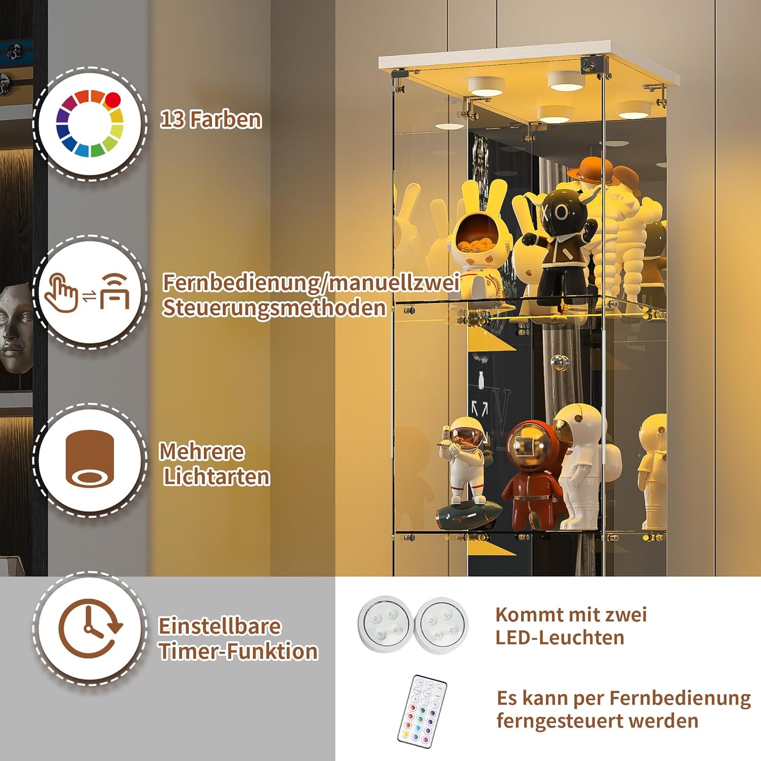 BPKADHY Vitrine sur pied en verre à 4 couches - 1 porte - Lampe LED et serrure avec paroi arrière miroir - Armoire de salon pour objets de collection et livres - Blanc