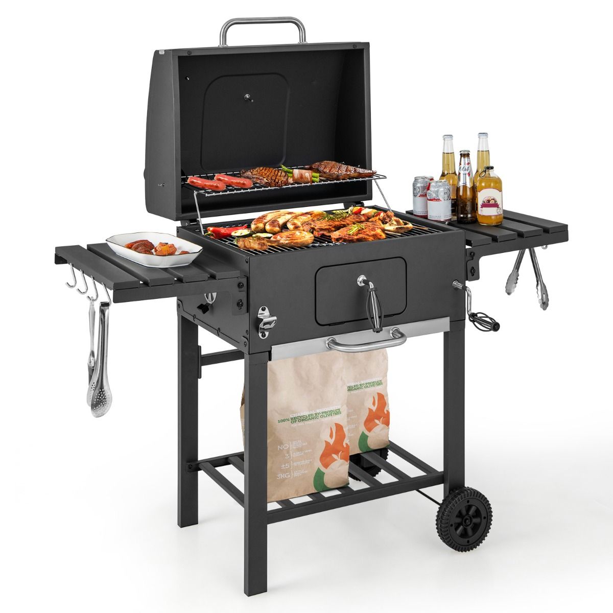 Barbecue  Charbon de Bois Portable avec 2 Tables d'Appoint Noir -