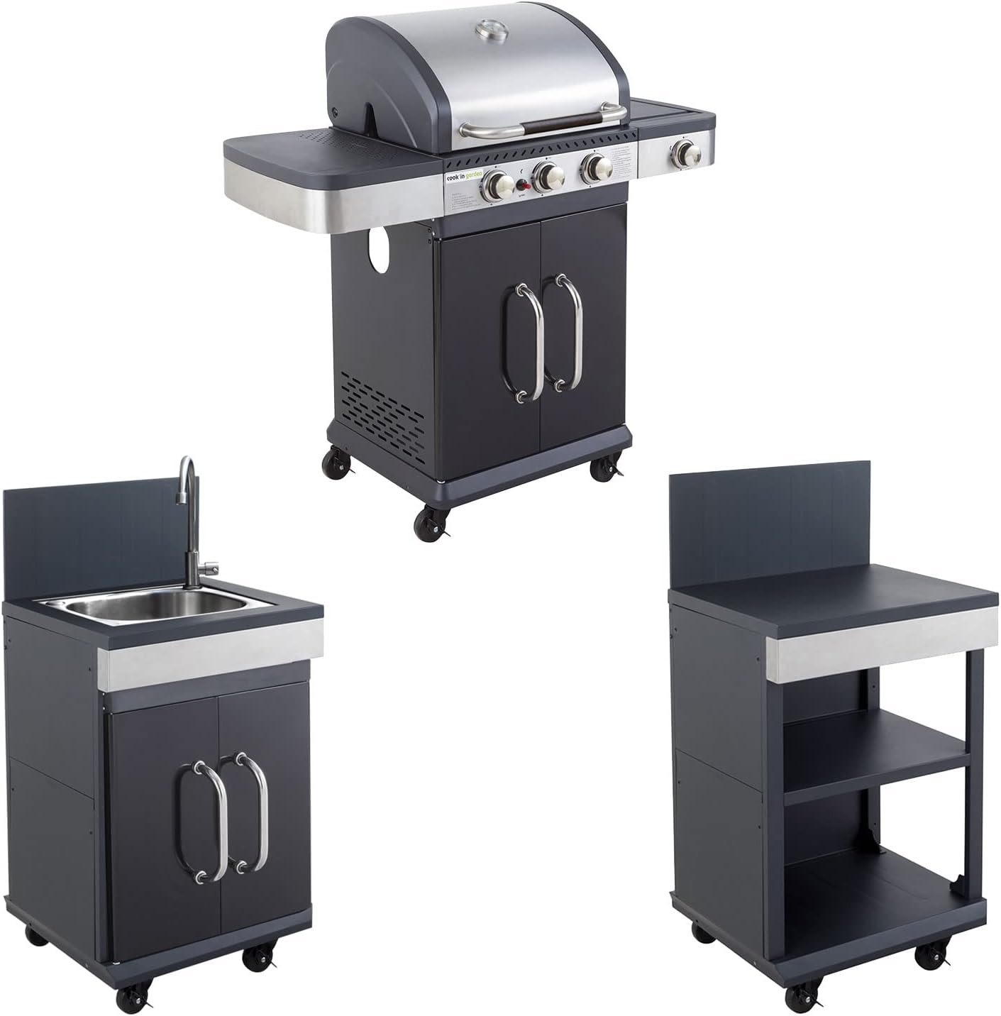 Cook'in Garden Cuisine extérieure modulable FIDGI 3 - Barbecue au gaz 3 brûleurs avec thermomètre Meuble d'appoint desserte et évier