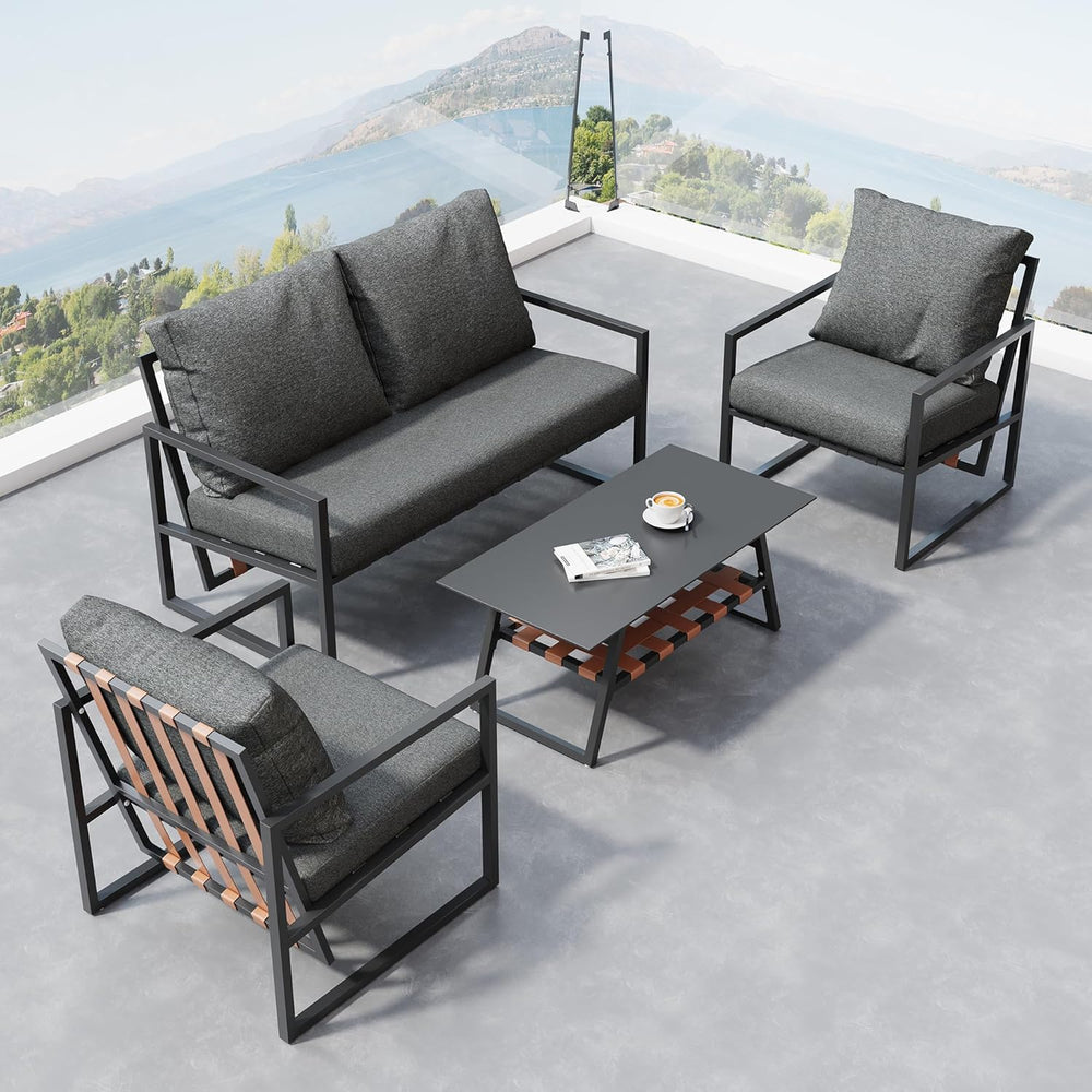 Salon de Jardin,Salon de Jardin 4 Personnes,avec canapé,Table Basse et Coussins,Housse en Tissu déhoussable et Lavable,Noir (Coussins d'assise Inclus)