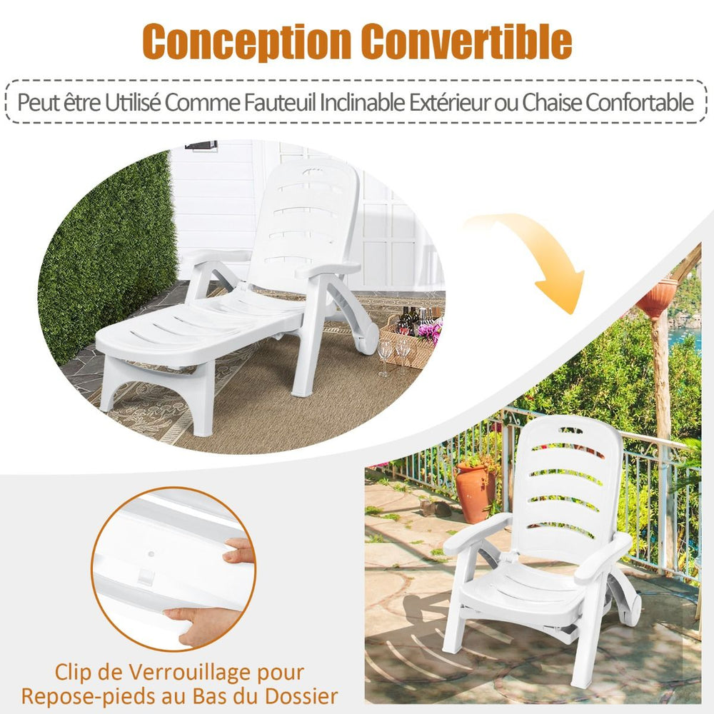 Chaise Longue Pliable Dossier Inclinable  5 Positions avec Roues Intgres pour Terrasse Jardin Piscine 150 kg Gris/Blanc/Bleu -