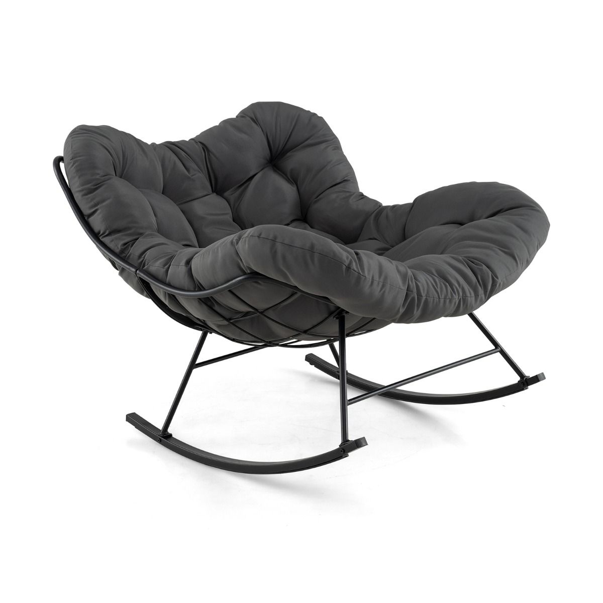 Chaise à Bascule d'Intérieur et d'Extérieur Chaise Papasan Surdimensionnée avec Coussin Rembourré & Cadre en Métal Capacité 205 Kg Gris -