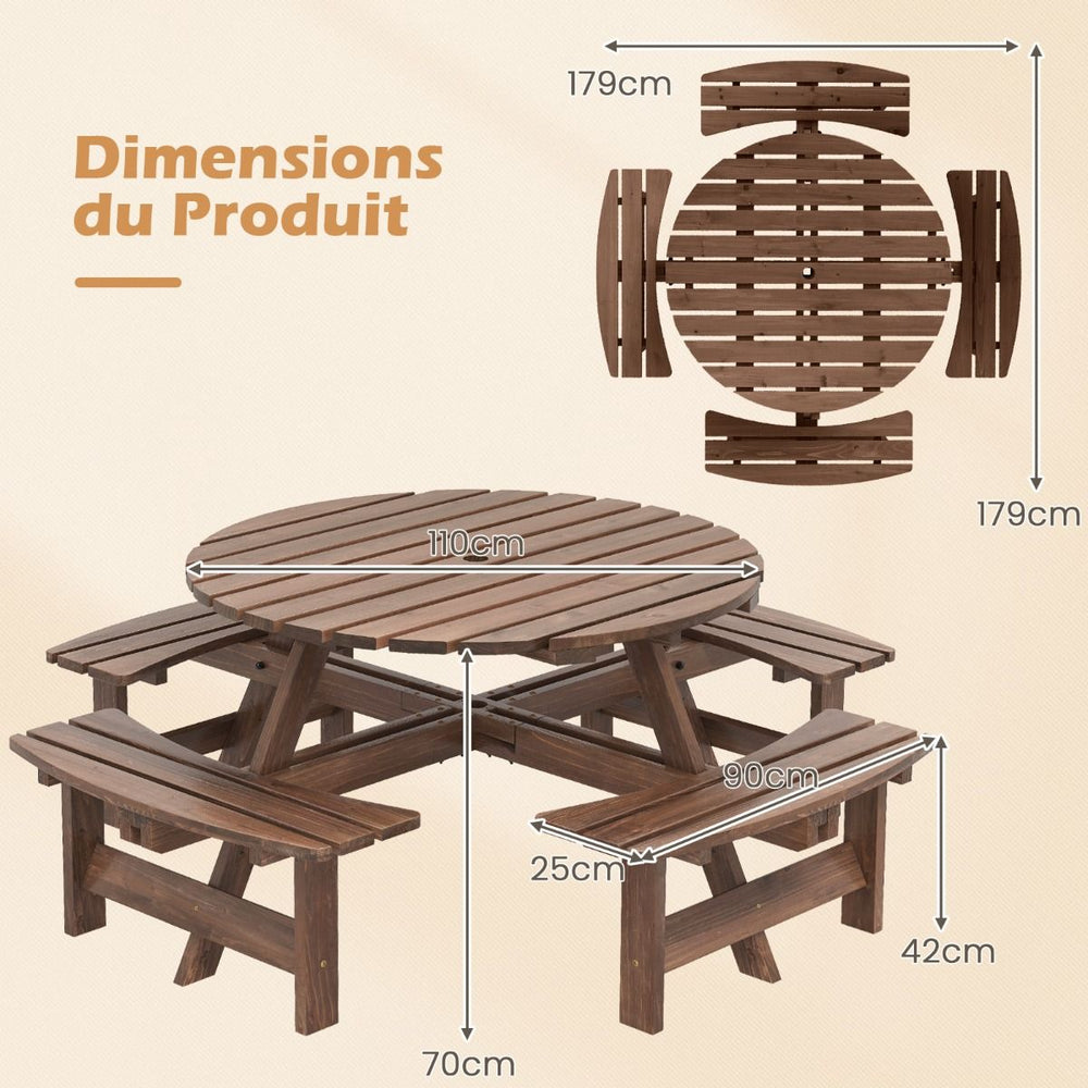 Ensemble Table de Pique-Nique en Bois pour 2  8 Personnes Set Table et Banc Circulaire avec 4 Bancs Intgrs Trou de Parasol de 5cm Marron/Jaune -