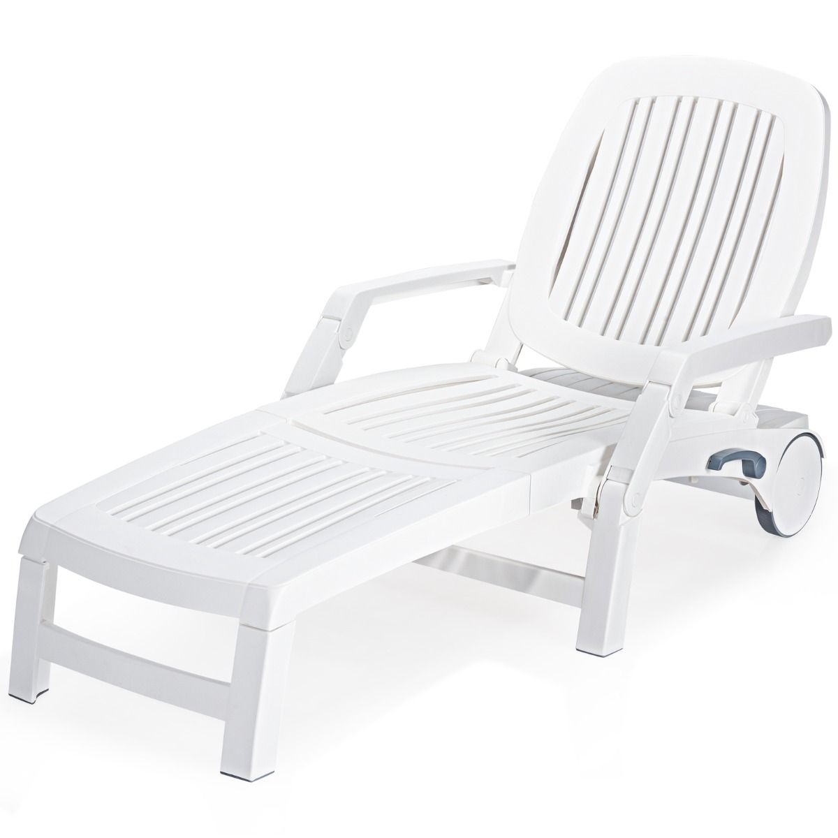 Chaise Longue Inclinable Réglable à 5 Positions avec Roues Flexibles Fauteuil Relax de Camping avec Boîte de Rangement Charge 150KG Blanc -
