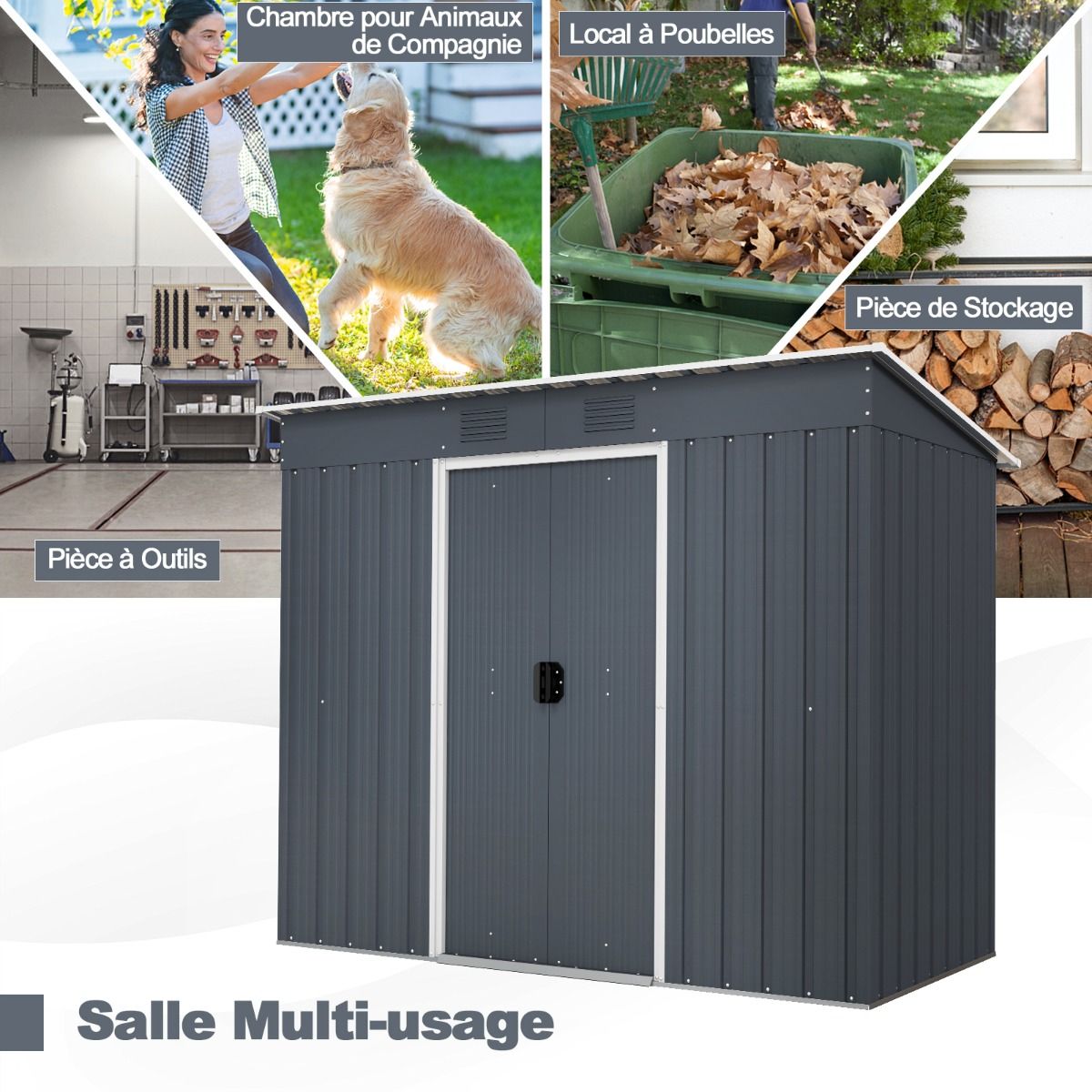 Abri de Jardin Métal 2,4 ㎡ Toit Monopente Cabane de Jardin 2 Portes Coulissantes Verrouillables Fondation 2 Trous d'Aération Gris -