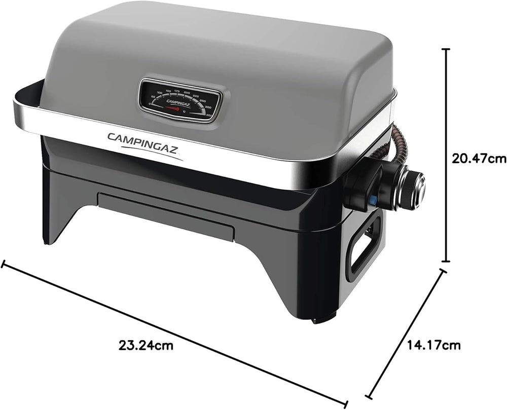Attitude2go,Barbecue de Table  Faible fume,BBQ Portable, Couvercle,thermomtre,et Grille en Fonte,Alimentation : Cartouche de gaz CV 470 Plus,Gris