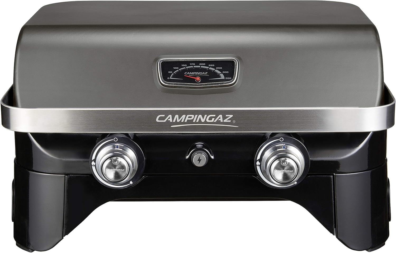 Attitude2go,Barbecue de Table  Faible fume,BBQ Portable, Couvercle,thermomtre,et Grille en Fonte,Alimentation : Cartouche de gaz CV 470 Plus,Gris