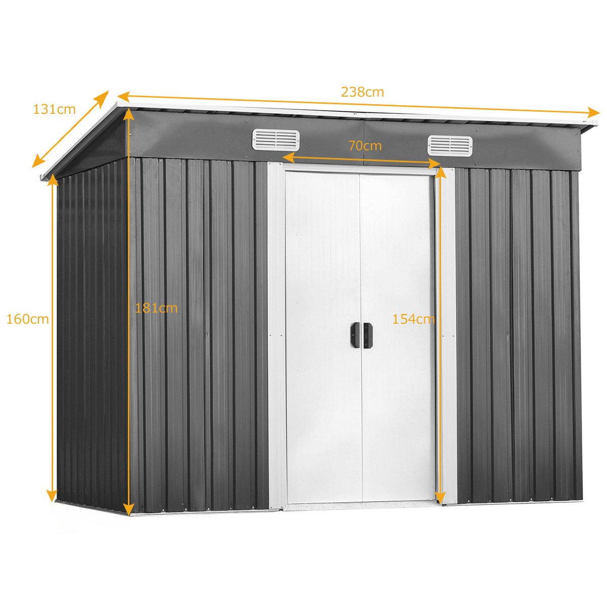 Abri de Jardin à l'Extérieur en Acier Galvanisé avec 2 Portes,4 Bouches d'Aération pour Stocker Outils 238 x 131 x 181CM Gris+Blanc -