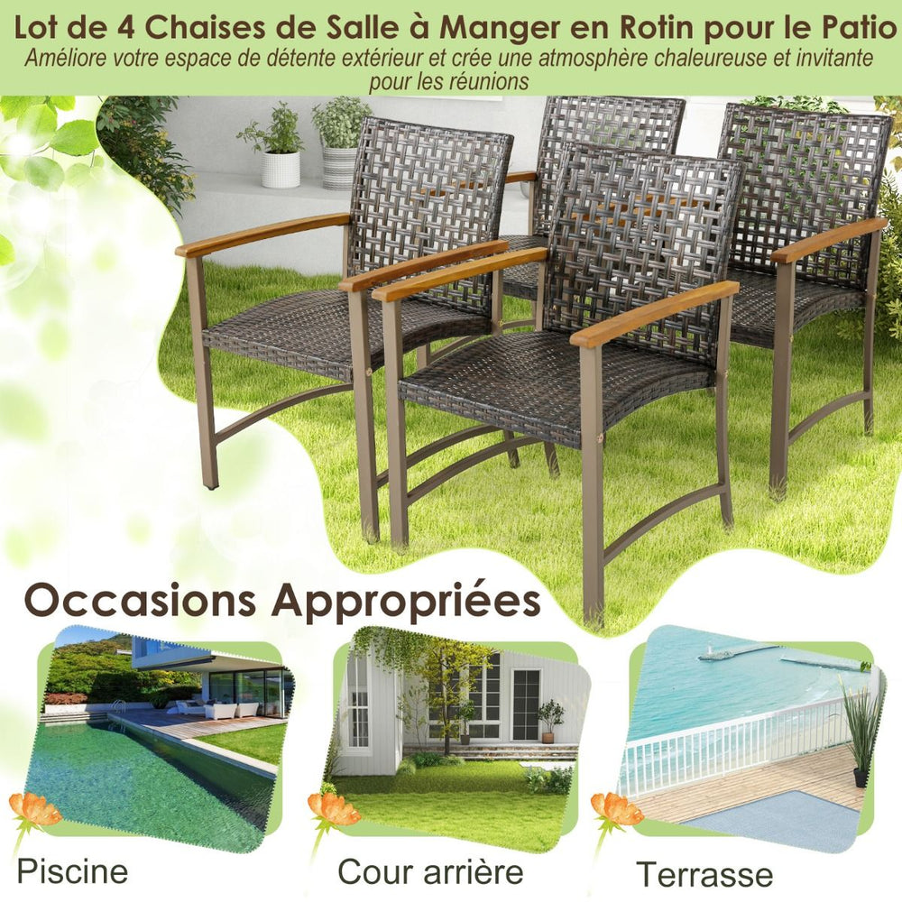 Ensemble de 4 Chaises en Rotin pour l'Extrieur Chaises avec Accoudoirs en Bois d'Acacia Structure Mtallique Robuste Chaises Ergonomiques -