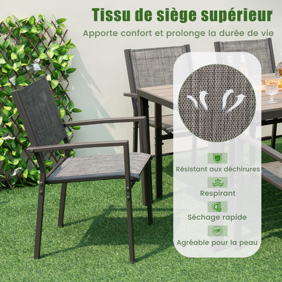 Ensemble de Meubles de Patio 7 Pièces pour 6 Personnes Salon de Jardin avec 6 Chaises Empilables et Table Rectangulaire Gris -