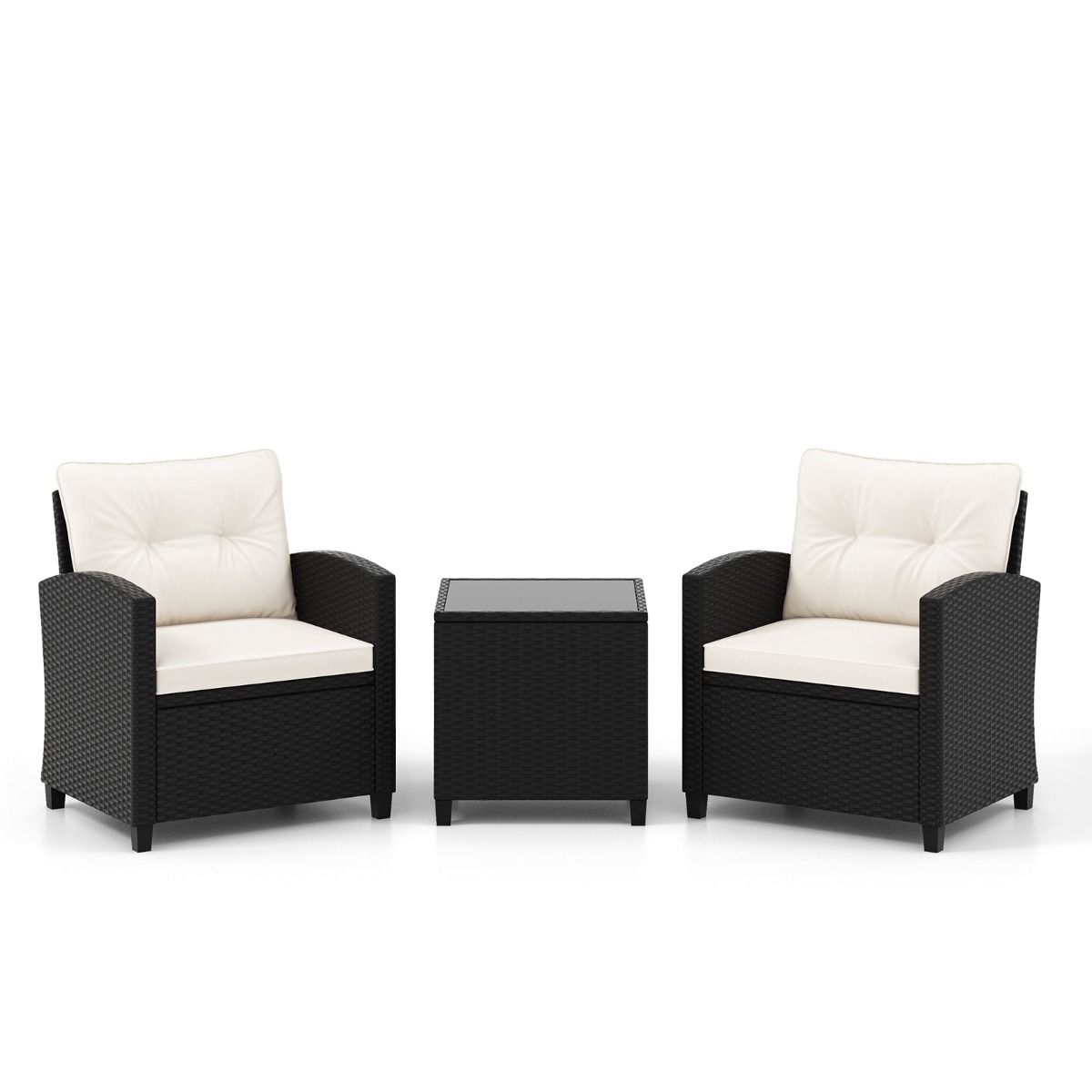 Ensemble de Meubles 3 Pices de Patio en Rotin Charge 180KG Salon de Jardin 2 Fauteuils Table Basse avec Plateau Noir/Beige/Blanc -