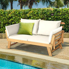 Chaise Longue Convertible avec Coussin Canapé de Jardin 2 en 1 en Bois d’Acacia avec Accoudoir Réglable pour Patio Piscine Jardin Blanc/Gris/Bleu/Rouge -