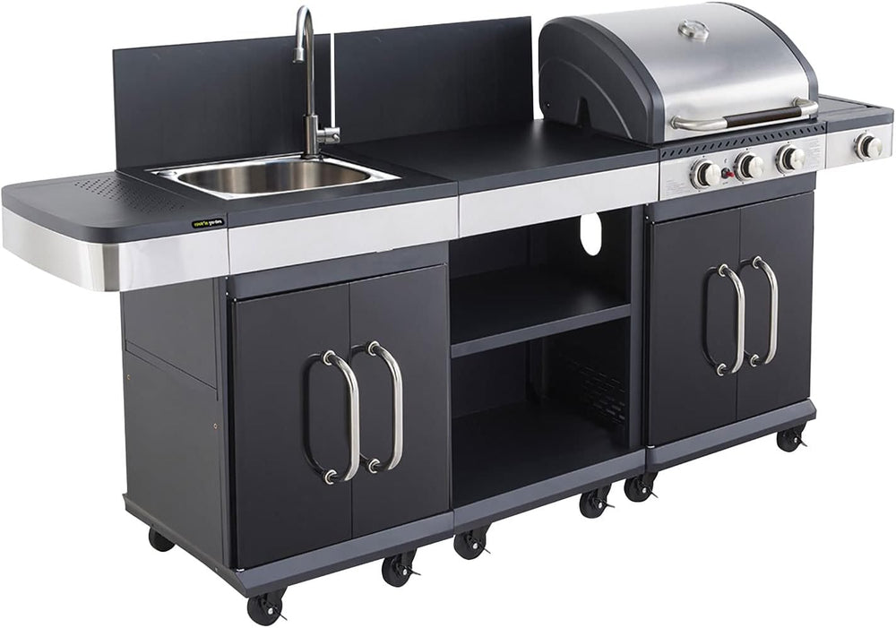 Cook'in Garden Cuisine extérieure modulable FIDGI 3 - Barbecue au gaz 3 brûleurs avec thermomètre Meuble d'appoint desserte et évier